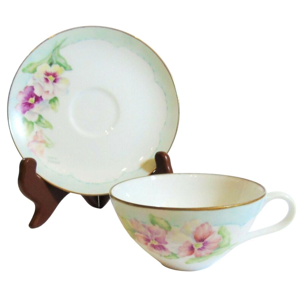 Aci Tea Cup & Saucer Set Porcelain Pansy Flower Hand Painted Signed Doris Frere
